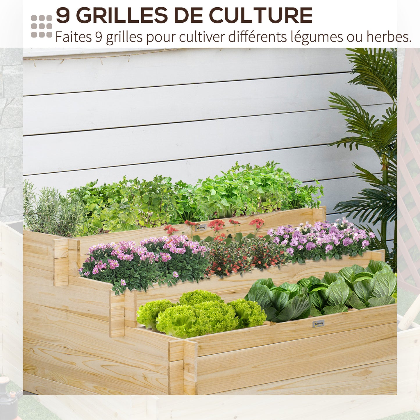 Tuinbak – Plantenbak – Kweekbak – Plantentafel – Vierkante Bloembak – 3 Lagen Met 9 Compartimenten – Gemaakt Van Weerbestendig Vurenhout En Ademend Non-Woven Stof – 117x100x54 cm – Natuurlijk Hout