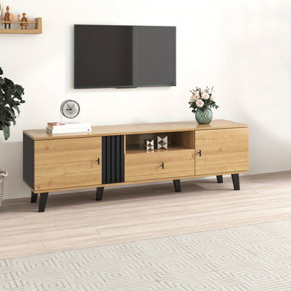 TV cabinet, entertainment cabinet, stylish and elegant: 170cm TV cabinet, wood colour and black design, TV furniture, low cabinet with drawers, multiple storage functions, unique appearance, ideal for living room furniture
