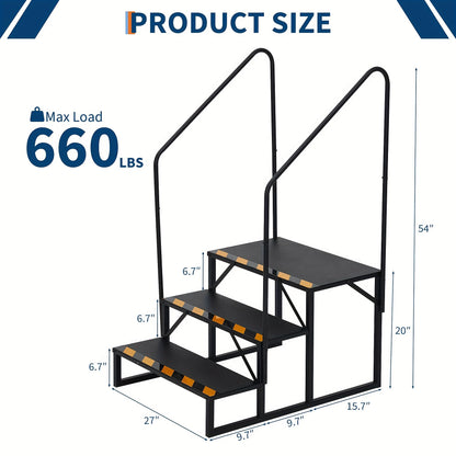 3-Step Heavy Duty RV Steps with Handrail - Non-Slip Wide Base & Sturdy A-Frame Ladder, Portable Outdoor/ Stairs for RV, Travel Trailer, Hot Tub, Pool, Trampoline - Step Ladder with Non-Slip Treads (No Power Required)