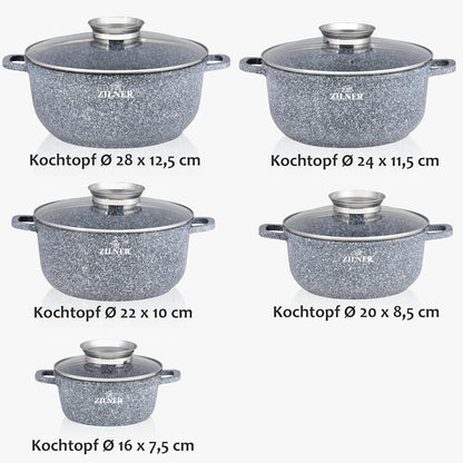 Kookset – Pannenset – Kookpot – Kookpan – Pannen met Deksel – Inductie Geschikt – Anti-aanbaklaag – Snelle Warmteverdeling – Grijs – 10-delig