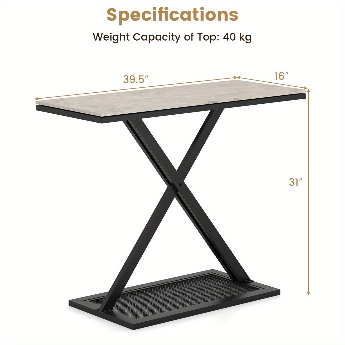 Sidetable – Consoletafel – Haltafel – Wandtafel – Bijzettafel – Kunstmarmeren Blad – Metalen Frame – Verstelbare Voetpaden – Anti-Kantelbeveiliging