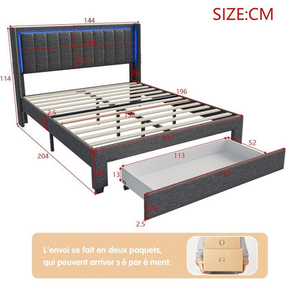 Tweepersoonsbed – Bedframe – Slaapbed – Opbergbed – Led Bed – 140 x 200 cm – Grijs Linen – Met USB-poort en Opberglade