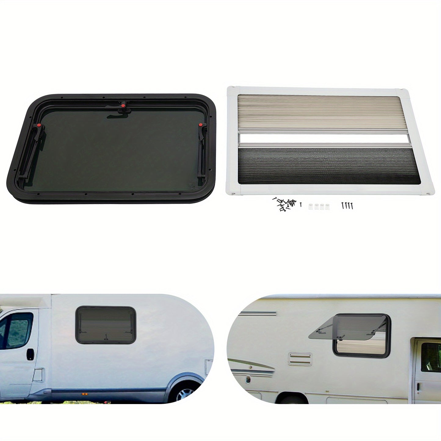 Schuifraam Caravan – Raam Camper – Ventilatieraam – Inzethor – Zonneluifel – Aluminium Frame – 85° Openstand – Geïntegreerd Hor en Zonwering Zwart