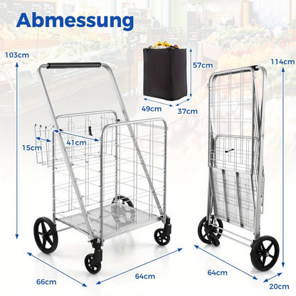 Boodschappenwagen – Boodschappentrolley – Winkelwagen – Boodschappenkar – Steekwagen – Roestvrijstalen Frame – 150 kg Draagkracht – Opvouwbaar – Dubbele Manden – 125 Liter