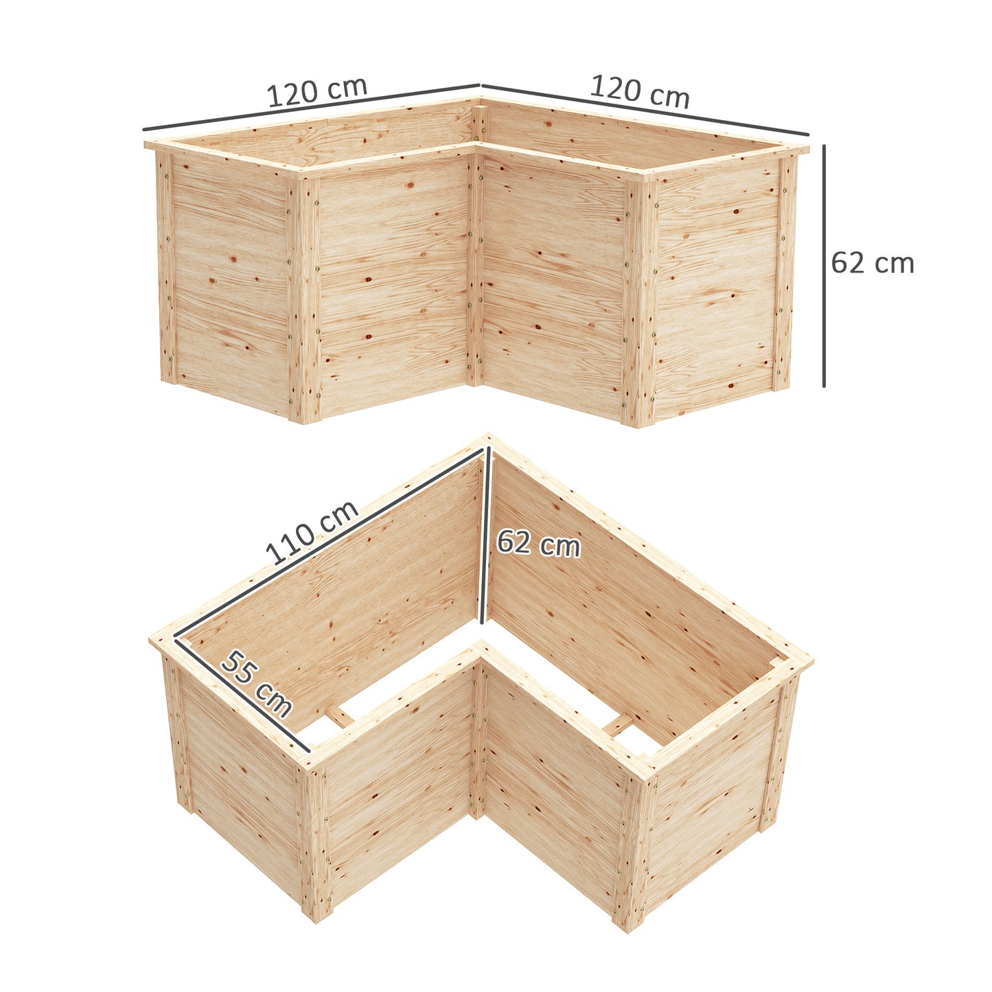 Verhoogde Plantenbak – Moestuinbak – Bloembak – Tuinbak – Kruidenbak – L-vormig Design – Natuurlijk Vurenhout – Open Achterkant – 120x120x62 cm