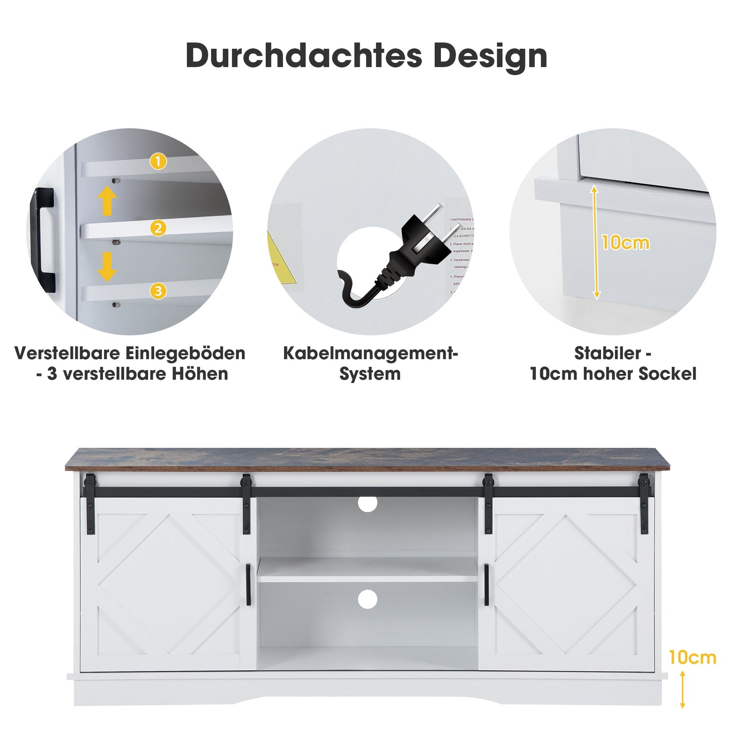 TV-meubel – Tv-meubelkast – Lowboard – Tv-dressoir – Landelijke Tv-meubel – Wit – Schuifdeuren – Verstelbare Planken – 150x40x60 cm – Houten Look