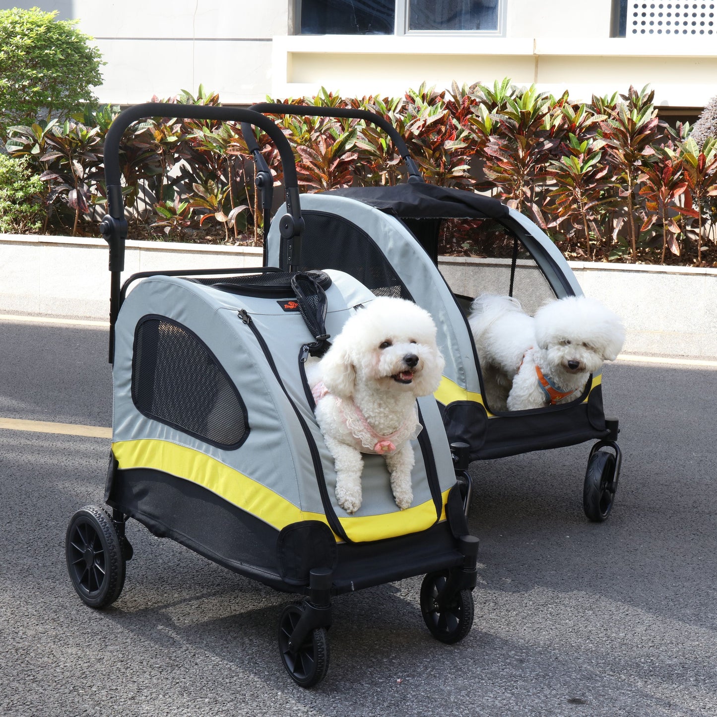 Pet Travel Stroller: Dog Stroller Pet Jogger Wagon Travel One-key Folding with 4 Heavy Wheels, Adjustable Handle for Small Dogs and Cats, Rear Brake, Security Leash