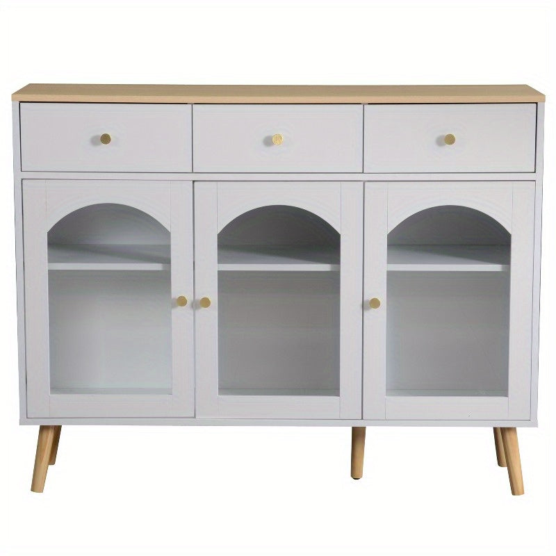 Wit metalen dressoir – buffetkast – opbergkast – keukenkast – vitrinekast – 3 lades & 3 gebogen glazen deuren – stevig metaal met brede opbergruimte