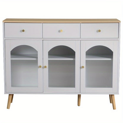Wit metalen dressoir – buffetkast – opbergkast – keukenkast – vitrinekast – 3 lades & 3 gebogen glazen deuren – stevig metaal met brede opbergruimte