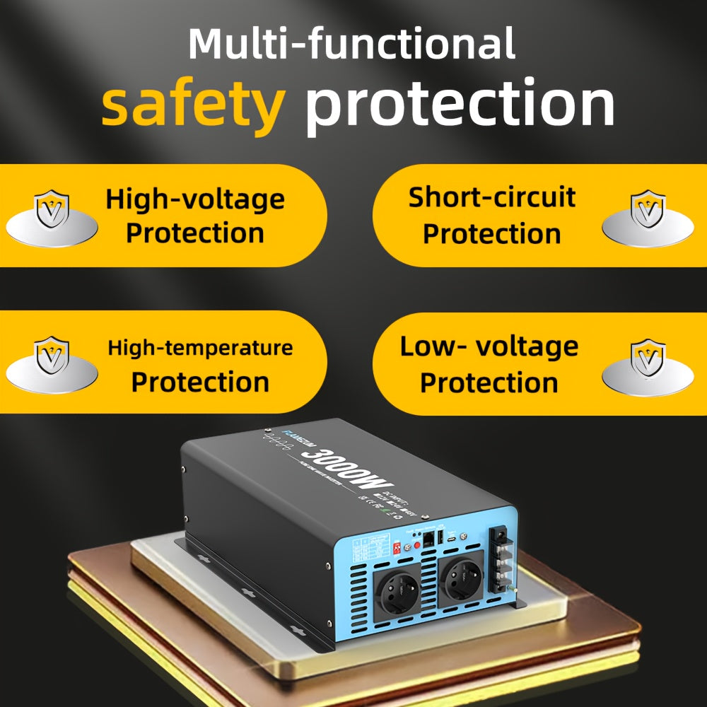 3000W Continuous Power Pure Sine Wave Inverter Peak Power 6000W DC 12V To AC 230V 50HZ EU Socket LCD Car Voltmeter Converter For RV Off Grid Truck Air Conditioner With 2 AC Outlets And Remote Control, Without Battery