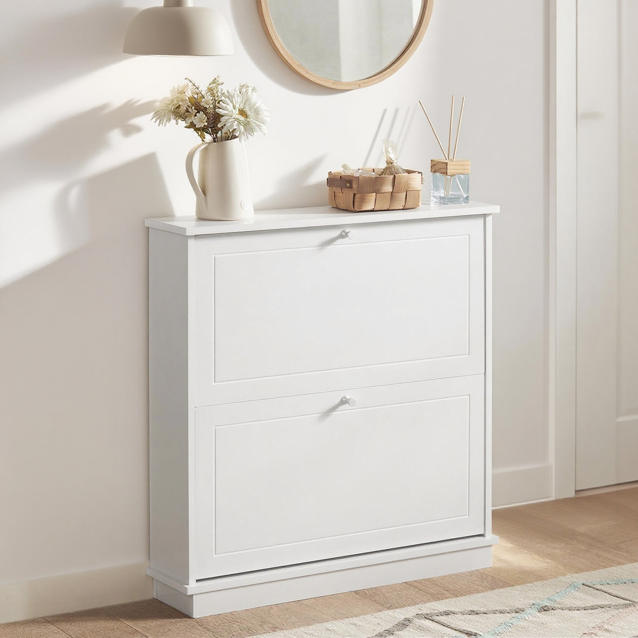 Schoenenkast – Schoenenrek – Schoenenopberger – Schoenenbank – Opbergkast – Slim Design – 2 Deuren & Verstelbare Planken – MDF Wit – Compact 76x18x78 cm