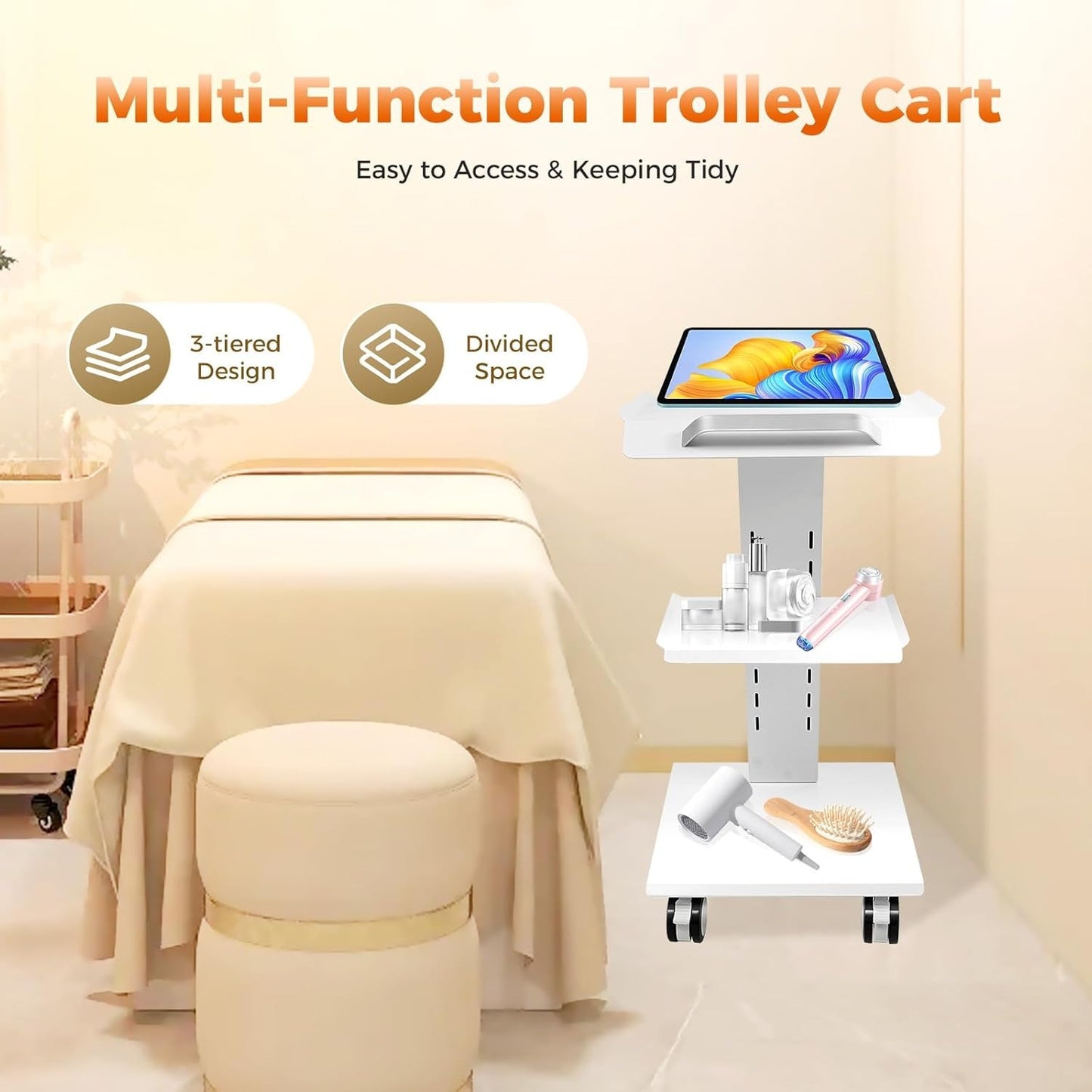 Beautykar – Salonwagen – Manicure Trolley – Pedicure Kar – Mobiele Opbergtrolley – 3 Lagen – Wieltjes Met Rem – Stevig Wit Kunststof 410x360x770 mm