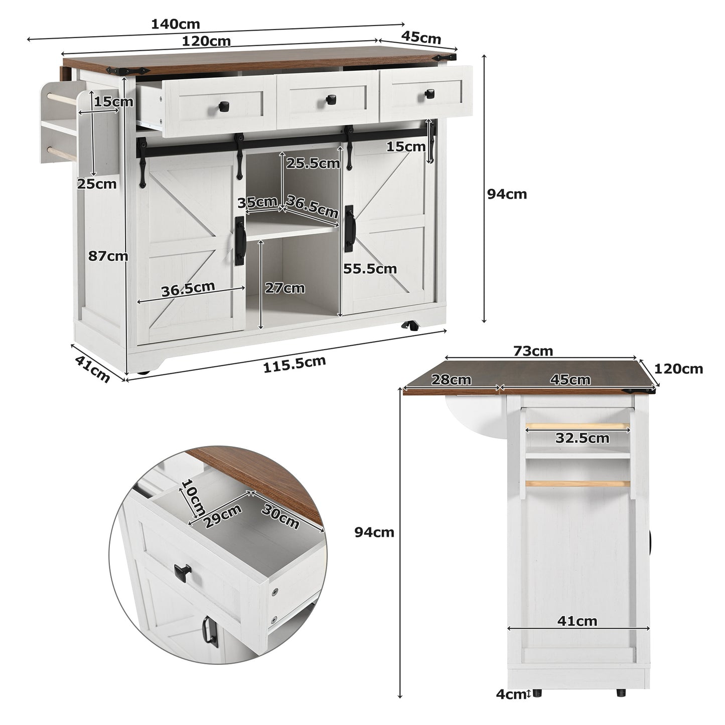 Keukenwagen – Keukentrolley – Serveerwagen – Keukenmeubel – Werkbank – Uitschuifbaar Werkblad 140 cm – Stevig MDF en Metaal – Wielen met Remmen