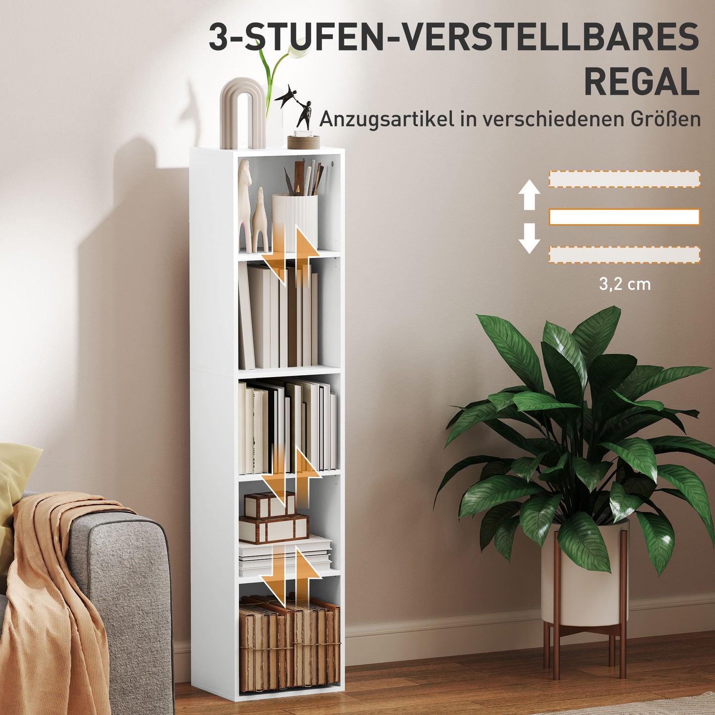 Boekenkast – Boekplank – Opbergkast – Wandrek – Stellingkast – Wit Houten Design – 5 Verstelbare Planken – Compact Hoogte 133,5 cm