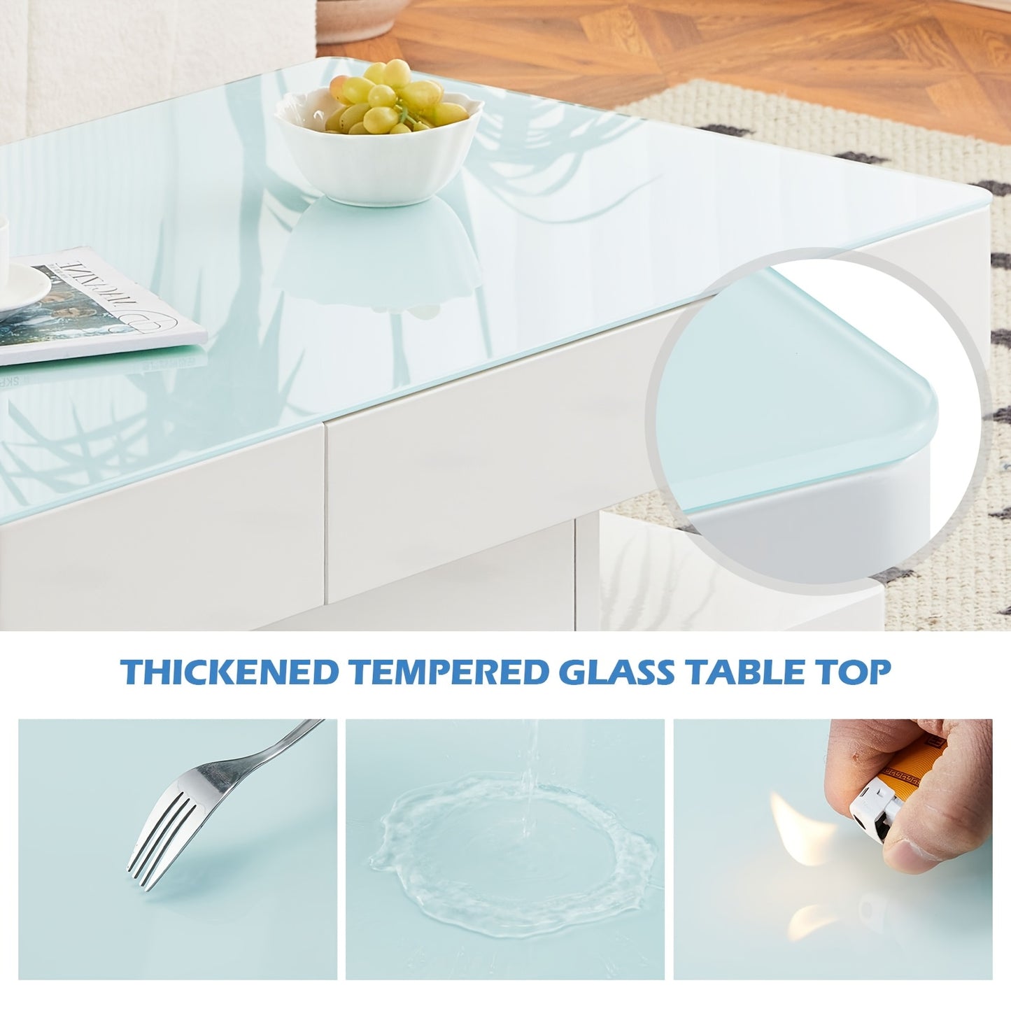 Salontafel – Koffietafel – Tafel – Woonkamertafel – Bijzettafel – Hoogglans Wit – 8 mm Gehard Glas – 2 Opberglades