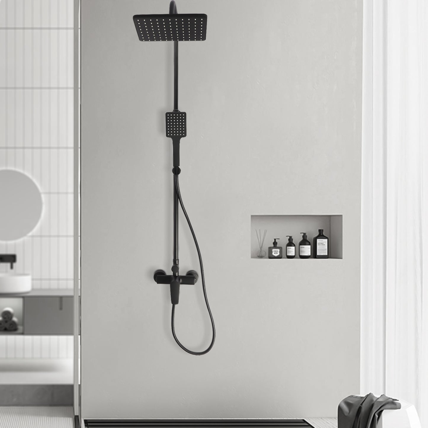 Badkraan – Badmengkraan – Badthermostaat – Handdouche – Doucheset – Mat Zwart – Messing – Hoogte Verstelbaar – Waterval Uitloop