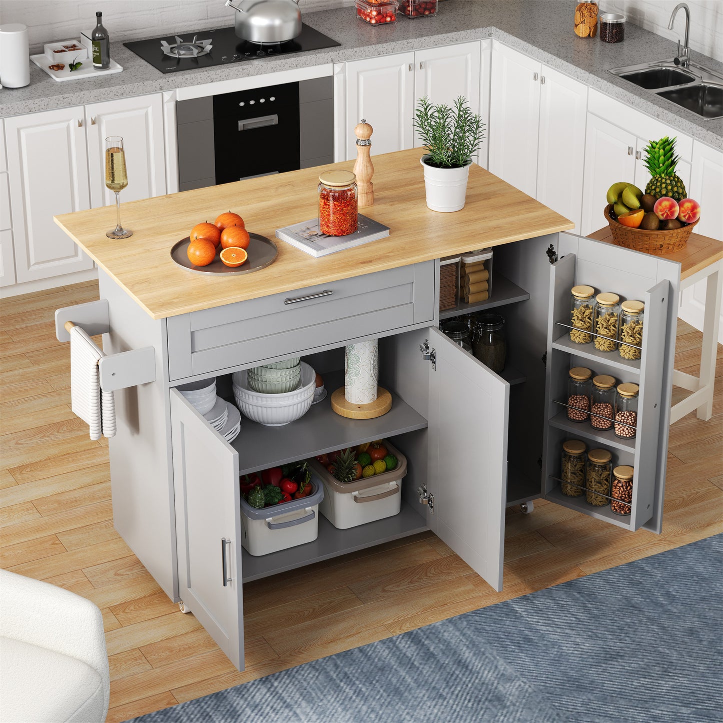 Keukenwagen – Keukenkar – Servierwagen – Mobiele Keukentrolley – Keukenmeubel – Uitklapbaar Werkblad – 5 Wielen Met Rem – Grijs Met Eikenlook