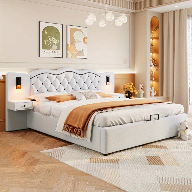 Bedframe – Ledikant – Slaapbank – Boxspring – Bed met Opbergruimte – Beige – Hydraulische Lift – Geïntegreerd Hoofdbord – 180x200 cm – Zachte Stof