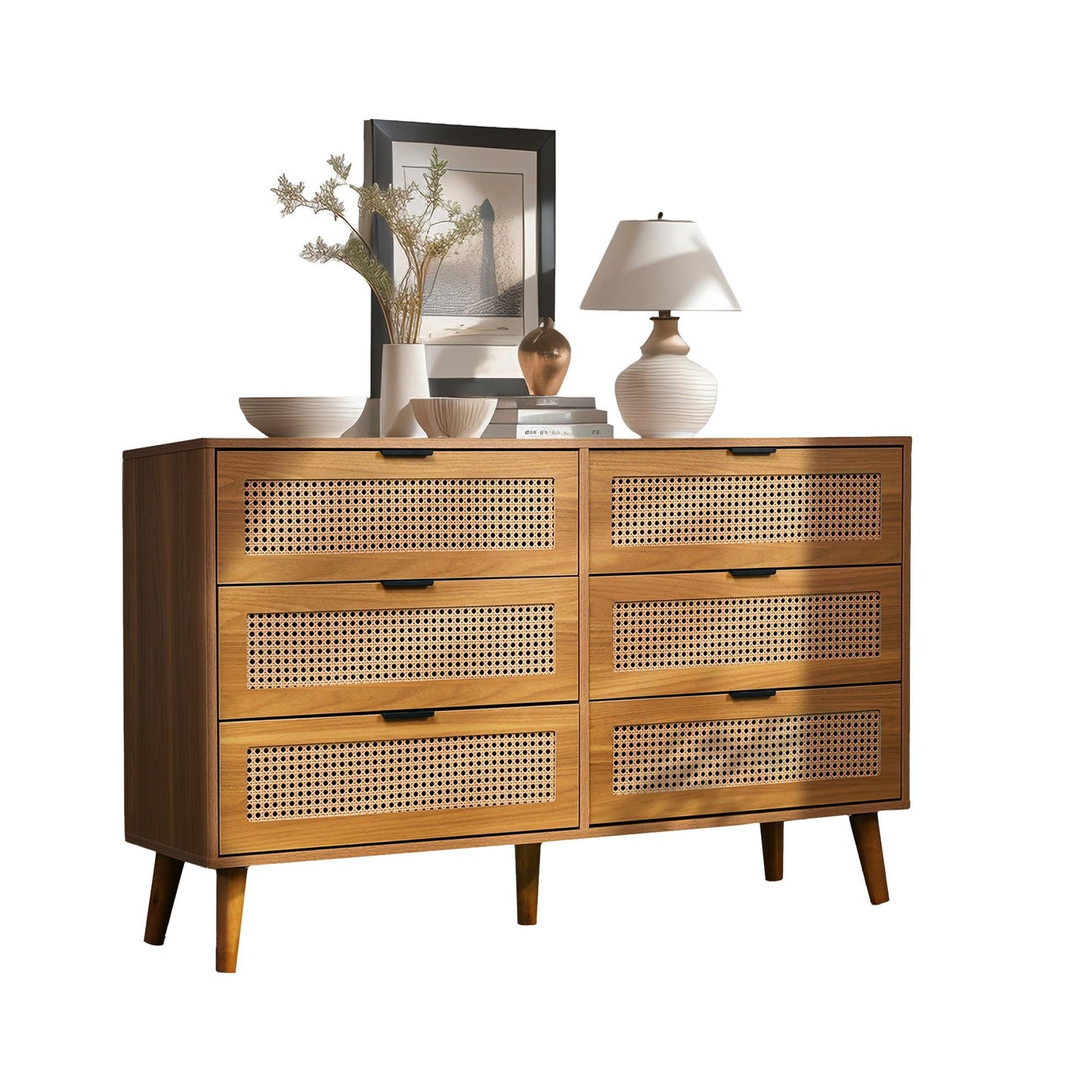 Ladekast – Ladenkast – Dressoir – Opbergkast – Kast – Walnootkleurige MDF Ladekast Met 6 Lades – Metalen Handgrepen – Massief Houten Poten – Retro Design – Geen Montage Nodig