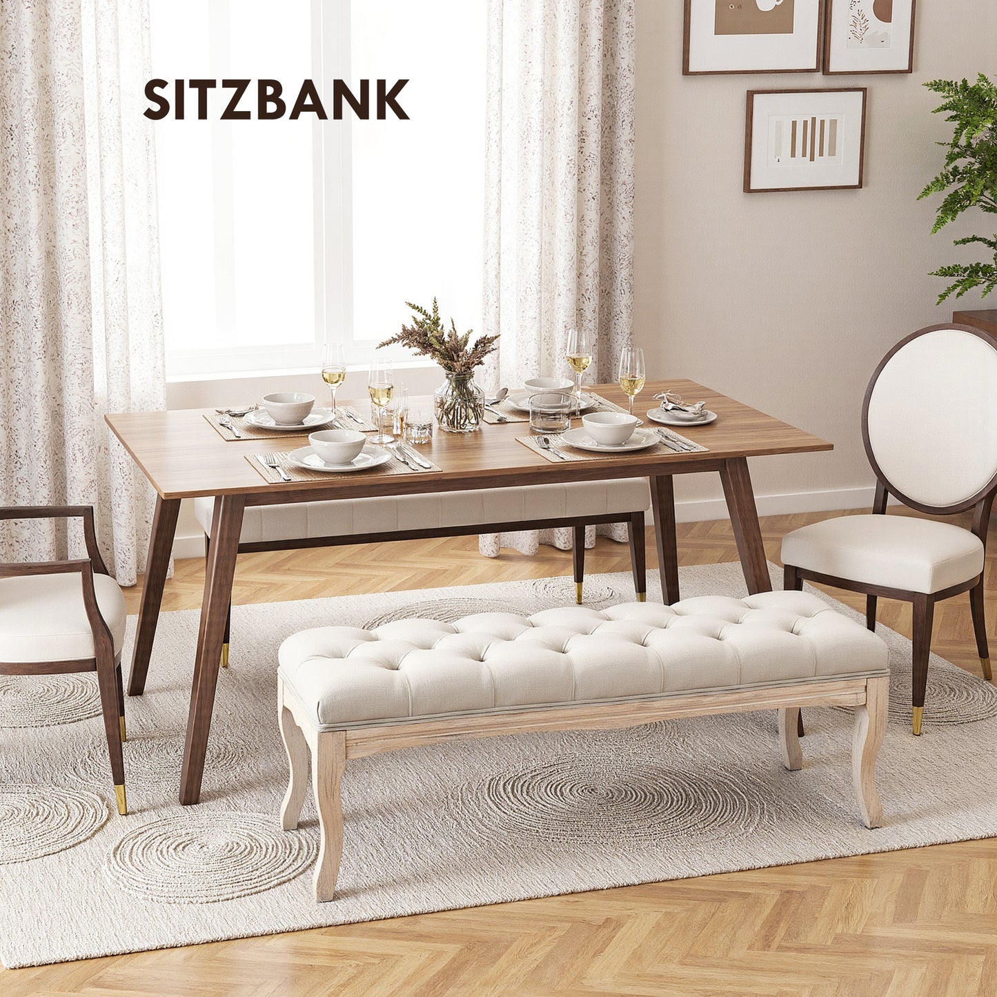 Gestoffeerde Bank – Schoenenbank – Zitbank – Opbergbank – Voetenbank – Linnen Bekleding – Houten Frame – 110 x 40 x 48 cm – Beige