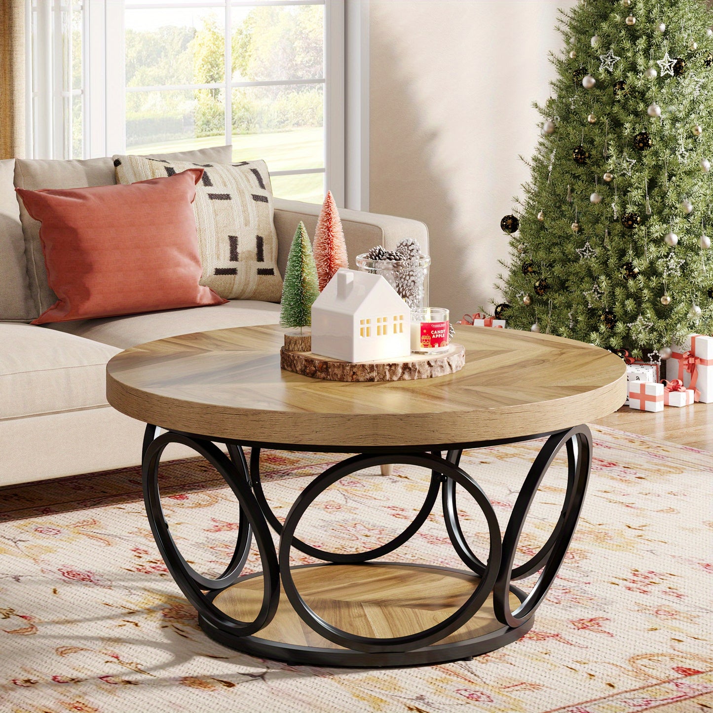 Ronde Salontafel – Houten Tafel – Woonkamertafel – Koffietafel – Opbergtafel – 80 cm Diameter – 2 Lade Niveaus – Natuurlijke Bruin Houtlook