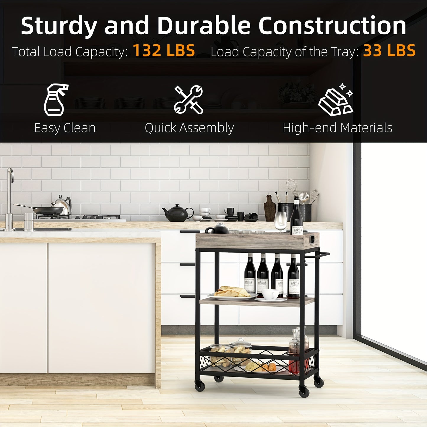 Barwagen – Serveerwagen – Trolley – Wijnwagen – Drankwagen – 3 Lagen – Vintage Industrieel Design – Hout Metaal – Wijnrek – Afneembare Bovenste Tray – Mobiel & Ruim
