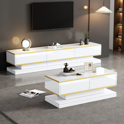 tv-meubel – tv-kast – tv-console – salontafel – woonkamermeubel – Hoogglans Wit Met Gouden Accenten – 3 Laden Tv-meubel & 2 Laden Salontafel