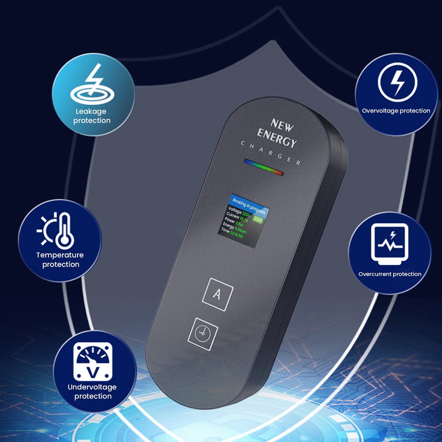 EV Laadpaal – EV Lader – Elektrische Oplader – Mobiele Lader – Laadstation – 3,6 kW Vermogen – Verstelbare Laadstroom 8-16A – LED Display – 5 Meter Kabel
