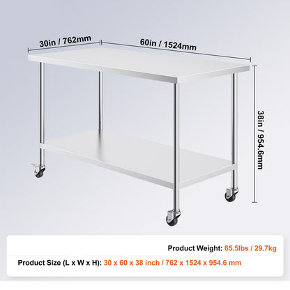 Roestvrijstalen Werktafel – Werkbank – Keukentafel – Voedselbereidingstafel – Cateringtafel – 30x60x38 Inch – 4 Wielen – 3 Verstelbare Hoogten