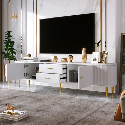TV-meubel – TV-kast – Media meubels – Meubel voor televisie – Tv-standaard – Wit met gouden accenten – Afgeronde hoeken en golvende zijkanten – Ruime opbergruimte en compact design