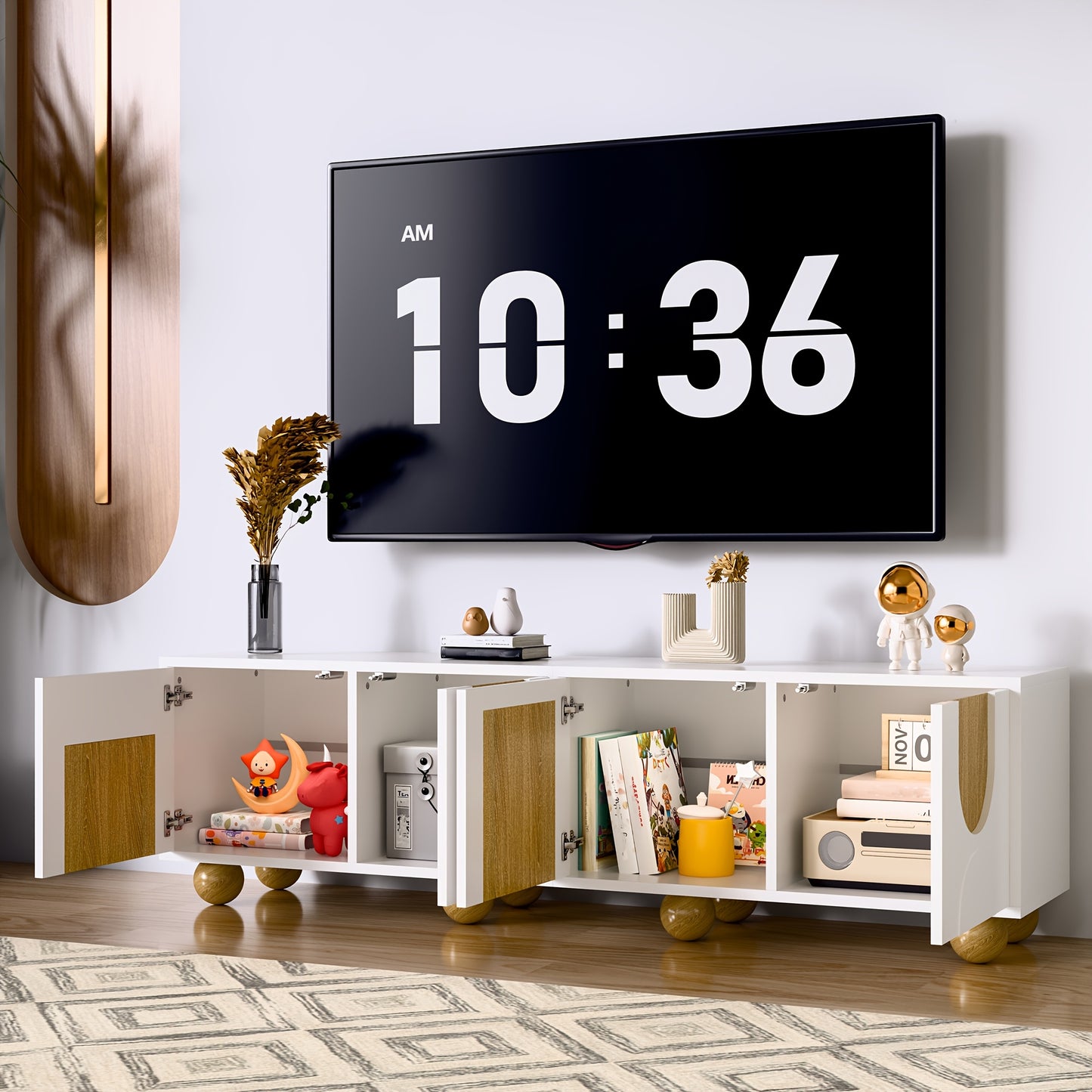 Tv-meubel – TV-kast – TV-standaard – Media Console – Woonkamermeubel – Retro Boogvorm – Bolle Poten – Duurzaam Bamboe – Geen Montage