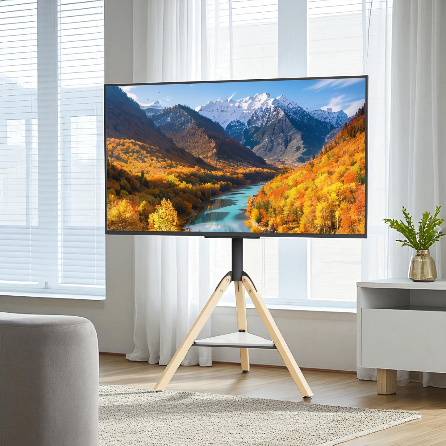 Zware Hoek-TV-Standaard – Voor 101–190 cm Schermen – Tripod Vloermontage met Hoogteverstelling, Draaibare Basis en Sintersteenplank