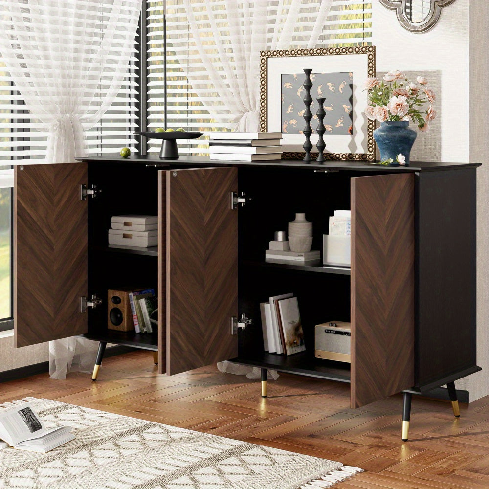 Dressoir – Kast – Opbergmeubel – Sideboard – Buffetkast – Modern Visgraatpatroon – Verstelbare Planken – Mat Zwart Met Gouden Accenten – Stevige Constructie