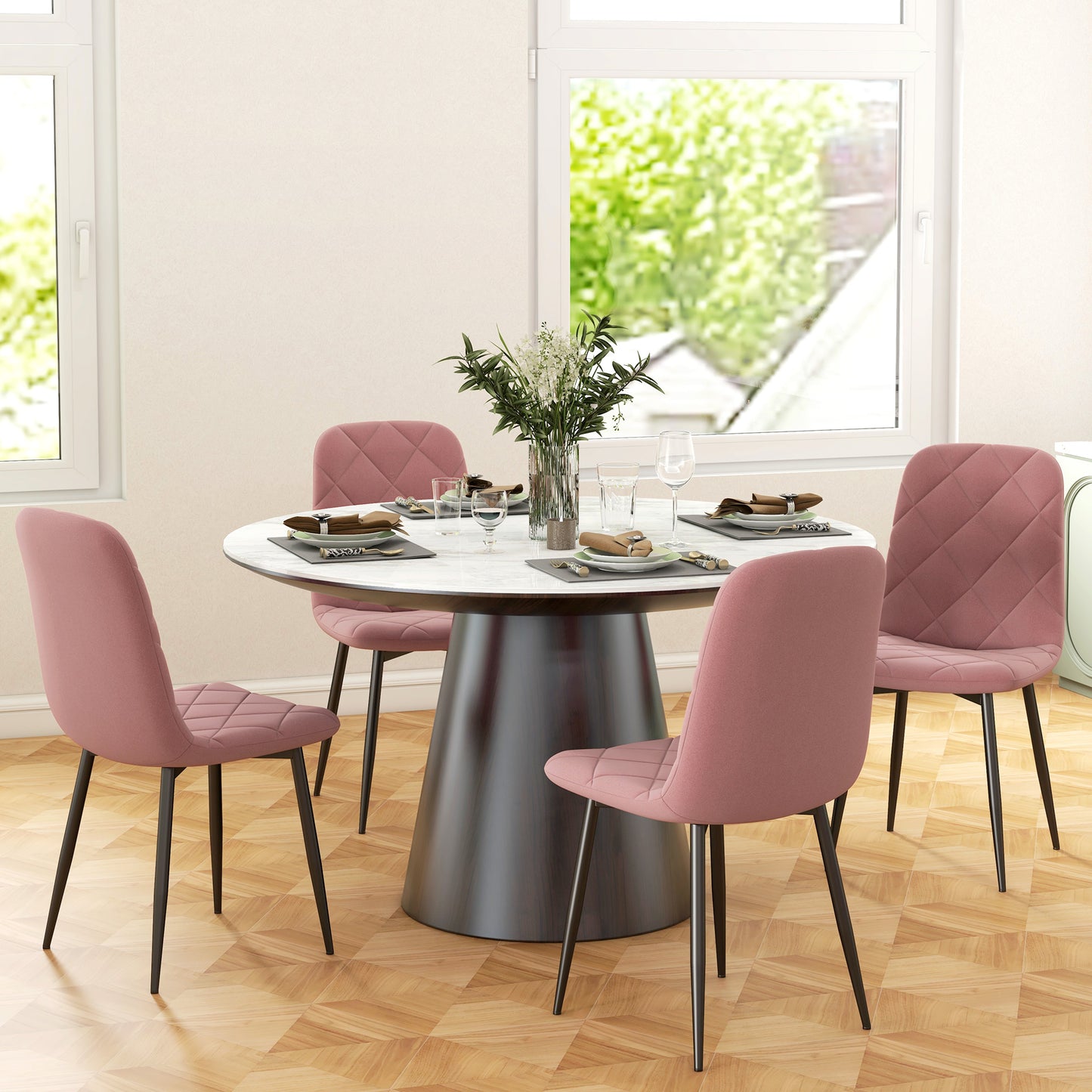 Eetkamerstoel – Keukenstoel – Stoel – Armstoel – Velvet – Set Van 4 – Fluweel Bekleding – Stevig Stalen Frame – Zacht Roze – 45x54x87 cm
