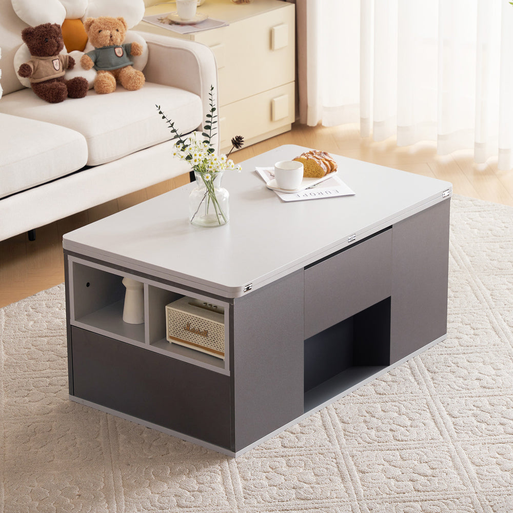 Salontafel – Tafel Voor Woonkamer – Koffietafel – Woonkamertafel – Bijzettafel – Verstelbaar Tafelblad – Met Opbergruimte – Metaal Grijs – Compact Design