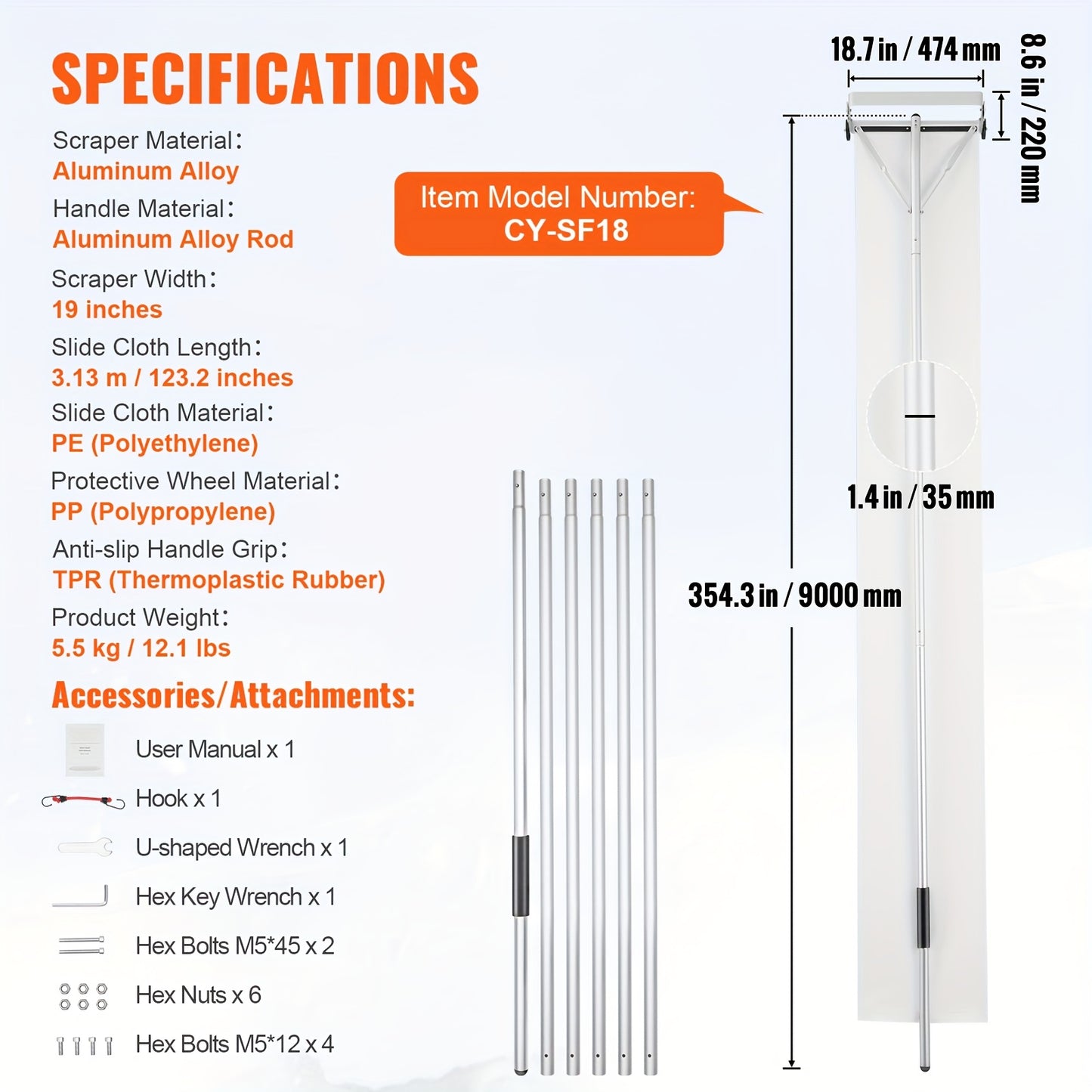 Dakraamveger – Dakriek – Sneeuwruimer – IJsbestrijder – Dakreinigingsborstel – 9 Meter Aluminium – Met Beschermende Kunststof Wielen