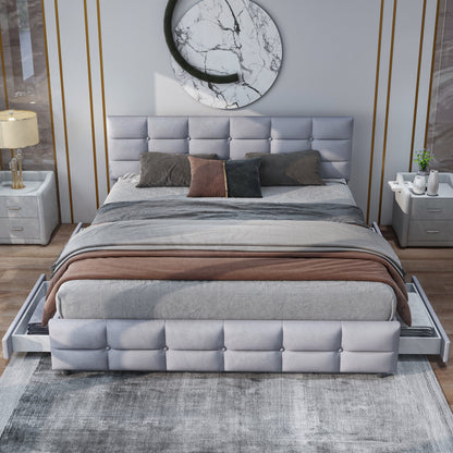 Tweepersoonsbed – Bed met opberglades – Platformbed – Slaapbank – Met opbergruimte – Grijs linnen – 4 royale lades – Stevig metalen frame – 140x200 cm – Geen montage nodig