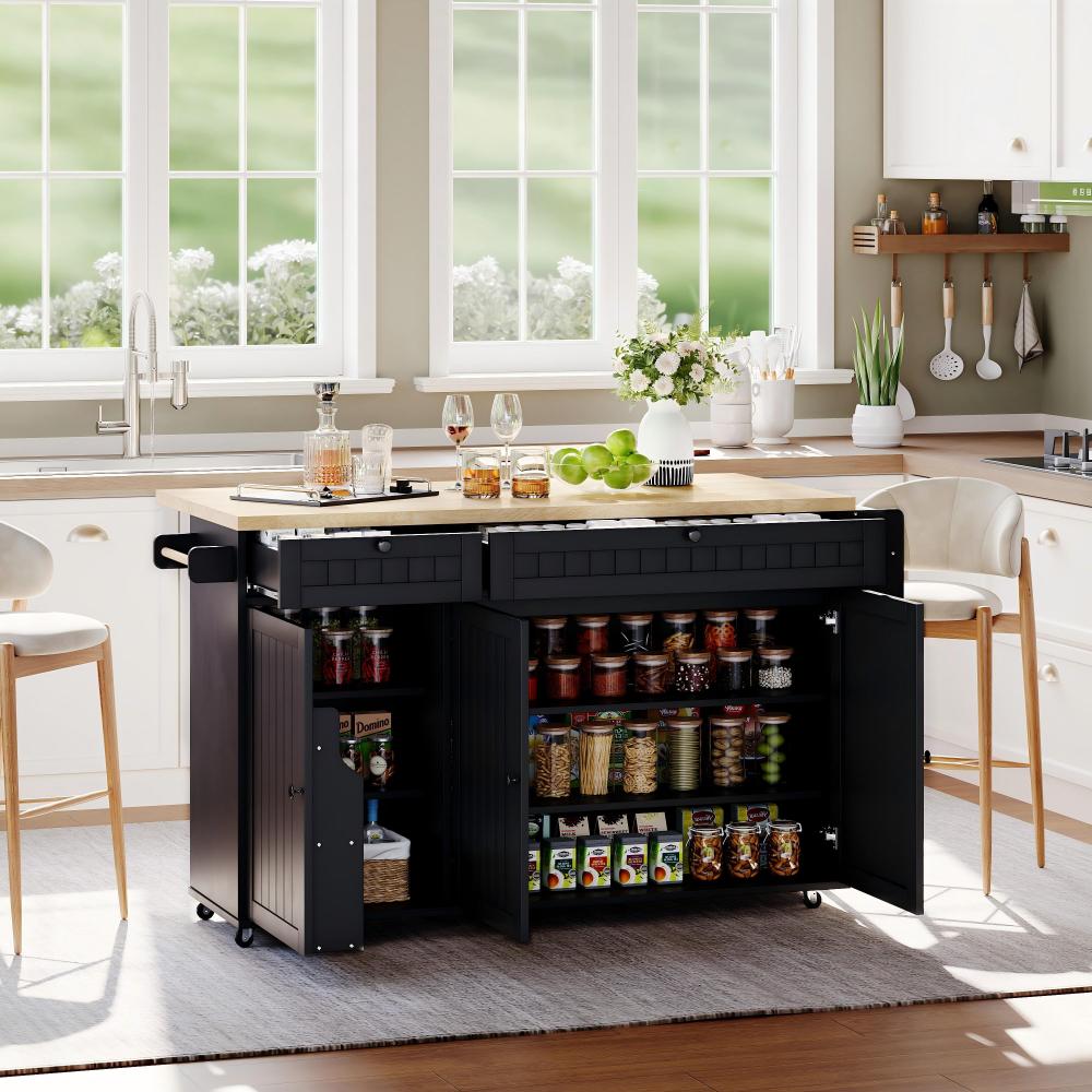 Keukeneiland – Keukentrolley – Keukenkast – Serveerwagen – Keukenwagen – Matzwart – Inklapbaar Werkblad – Lockbare Wieltjes – 137x89,5x45 cm