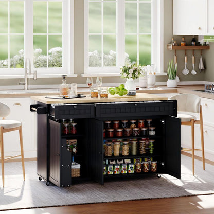 Keukeneiland – Keukentrolley – Keukenkast – Serveerwagen – Keukenwagen – Matzwart – Inklapbaar Werkblad – Lockbare Wieltjes – 137x89,5x45 cm