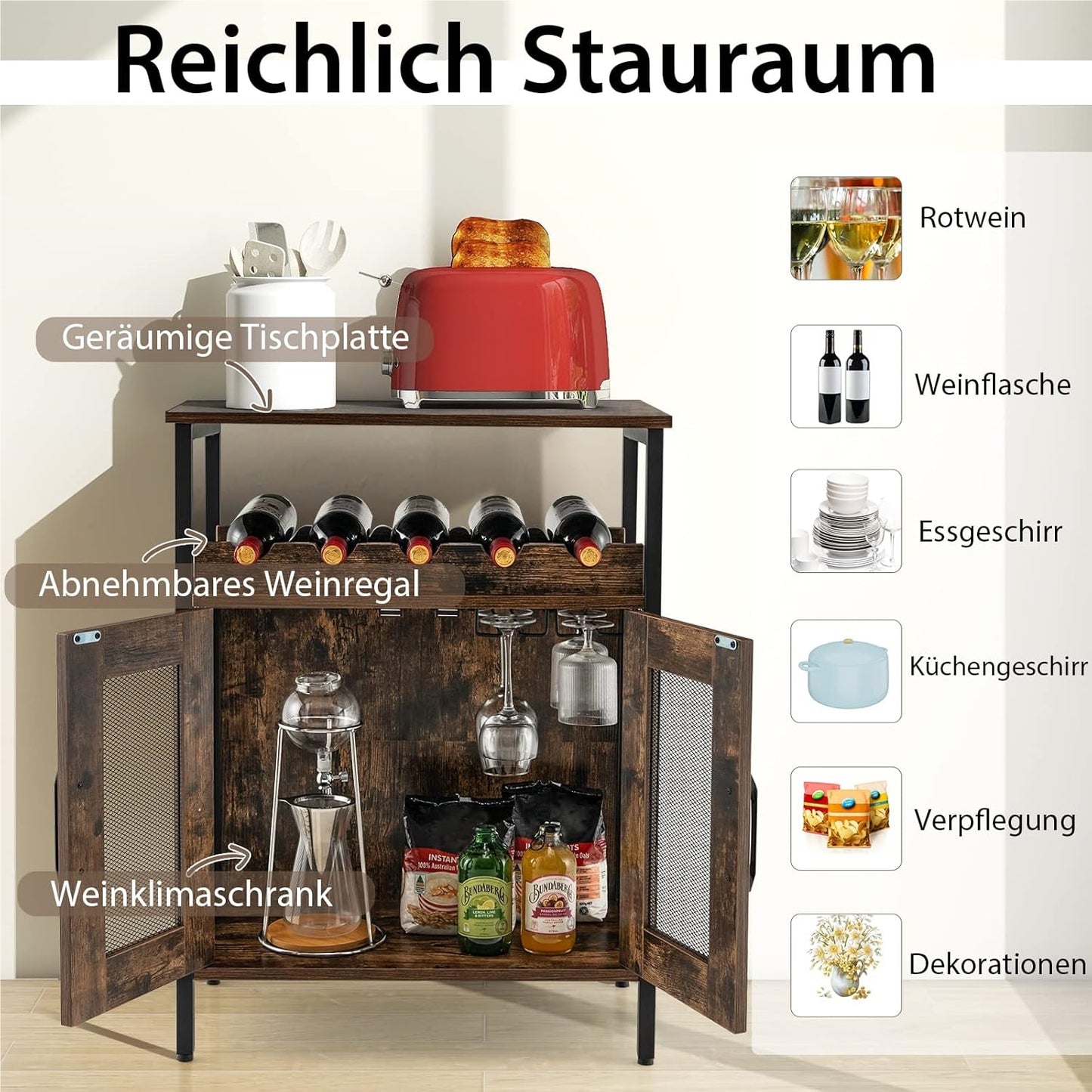 Wijnkastje – Wijnrek – Wijnmeubel – Wijnopslag – Wijnkast – Afneembaar Wijnrek – Glashouder – Industrieel Hout Metaal – Compact 60x34x79 cm