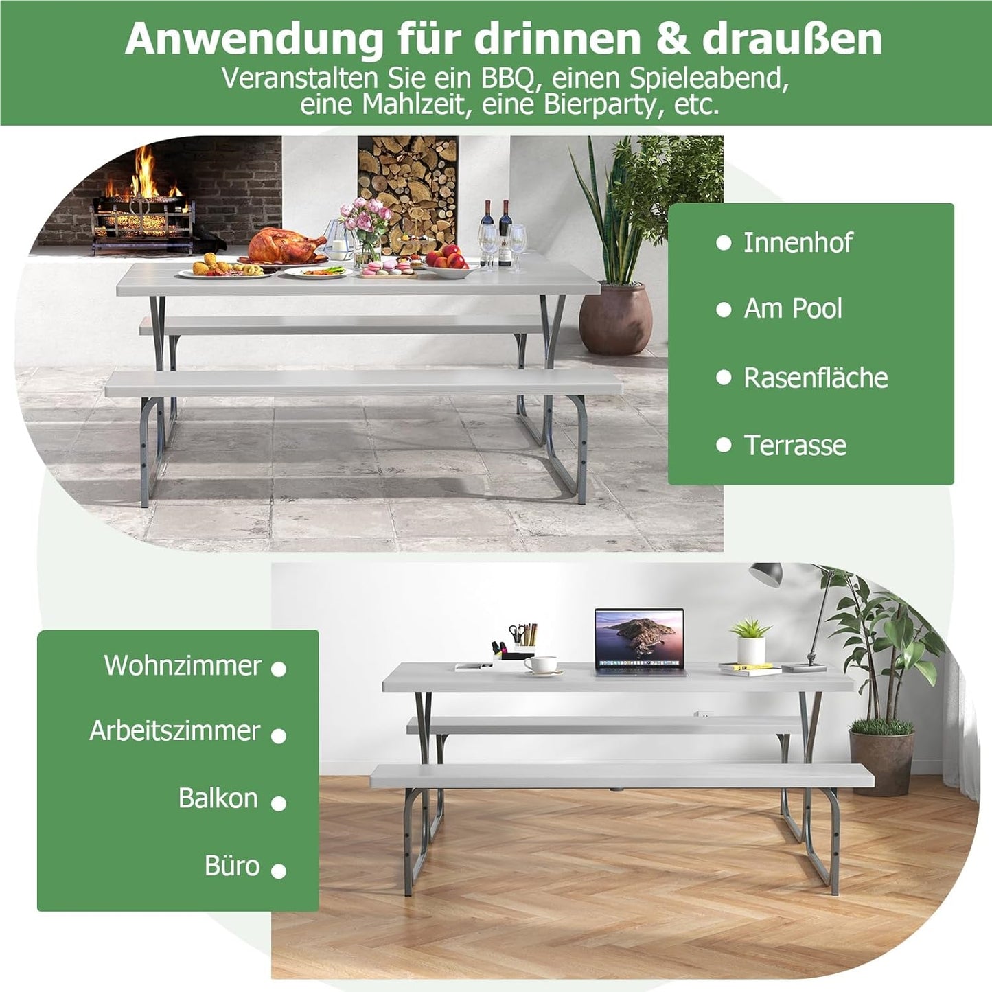 Biertafeltje – Biertafel – Bierbank – Biertafelset – Biertentset – Weerbestendig HDPE Tafelblad – Inclusief Parasolhouder – Voor 6-8 Personen – Grijs