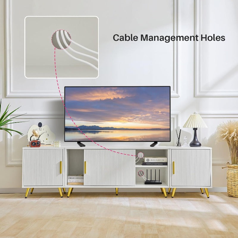 TV-Stand – TV-Meubel – Media Console – TV-Kast – Entertainmentmeubel – Wit Met Gouden Accenten – Geschikt Voor 80 Inch TV – Twee Afsluitbare Kasten
