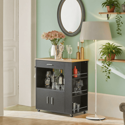 Keukentrolley – Keukenwagen – Serveerwagen – Keukenrek – Opbergkar – Met Lade en Deuren – MDF Zwart – 75x46x83 cm – Verrijdbaar met Remmen