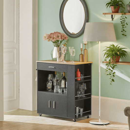 Keukentrolley – Keukenwagen – Serveerwagen – Keukenrek – Opbergkar – Met Lade en Deuren – MDF Zwart – 75x46x83 cm – Verrijdbaar met Remmen