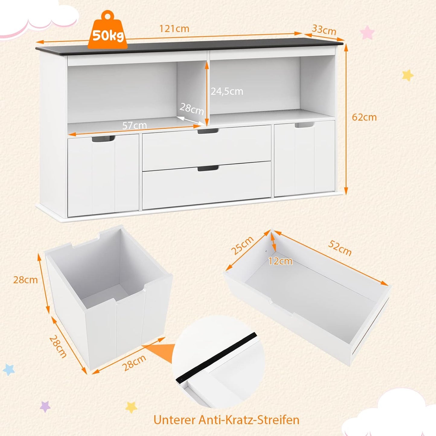 Speelgoedkast – Opbergkast – Kinderkast – Speelgoedopberger – Kinderboekenkast – MDF Hout – 4 Lades Met Wieltjes – 121 x 33 x 62 cm