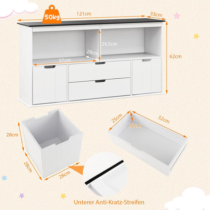 Speelgoedkast – Opbergkast – Kinderkast – Speelgoedopberger – Kinderboekenkast – MDF Hout – 4 Lades Met Wieltjes – 121 x 33 x 62 cm