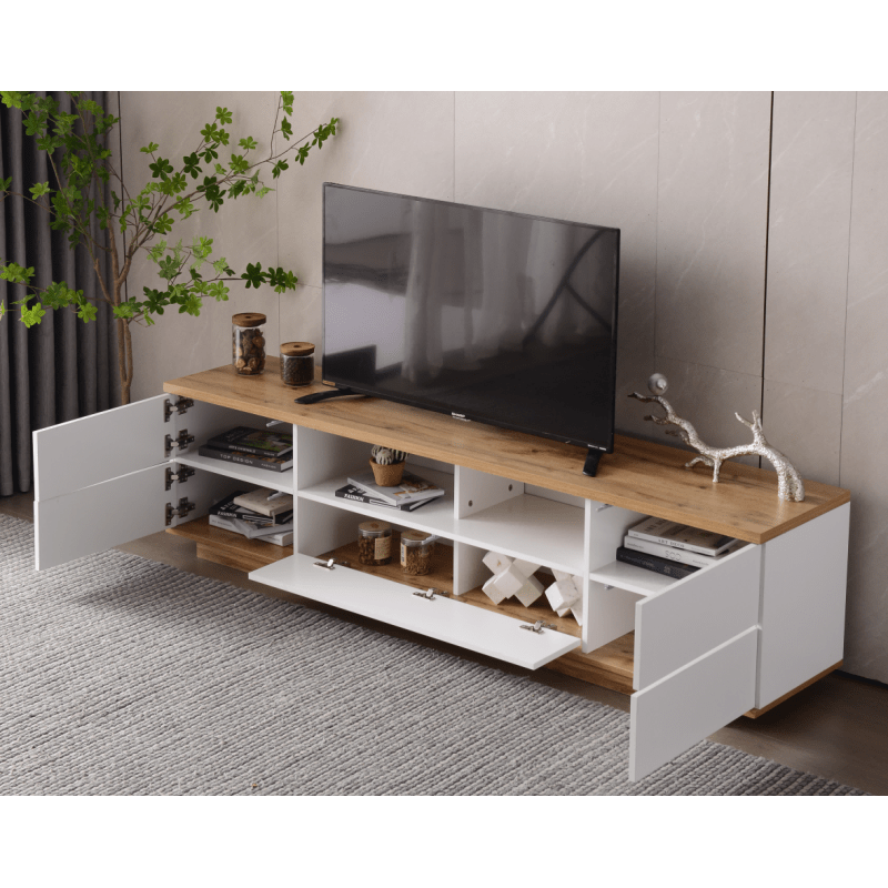 TV-kast – TV-meubel – Mediakast – TV-dressoir – Wandmeubel – Wit met houtstructuur – 180 cm breed – MDF materiaal