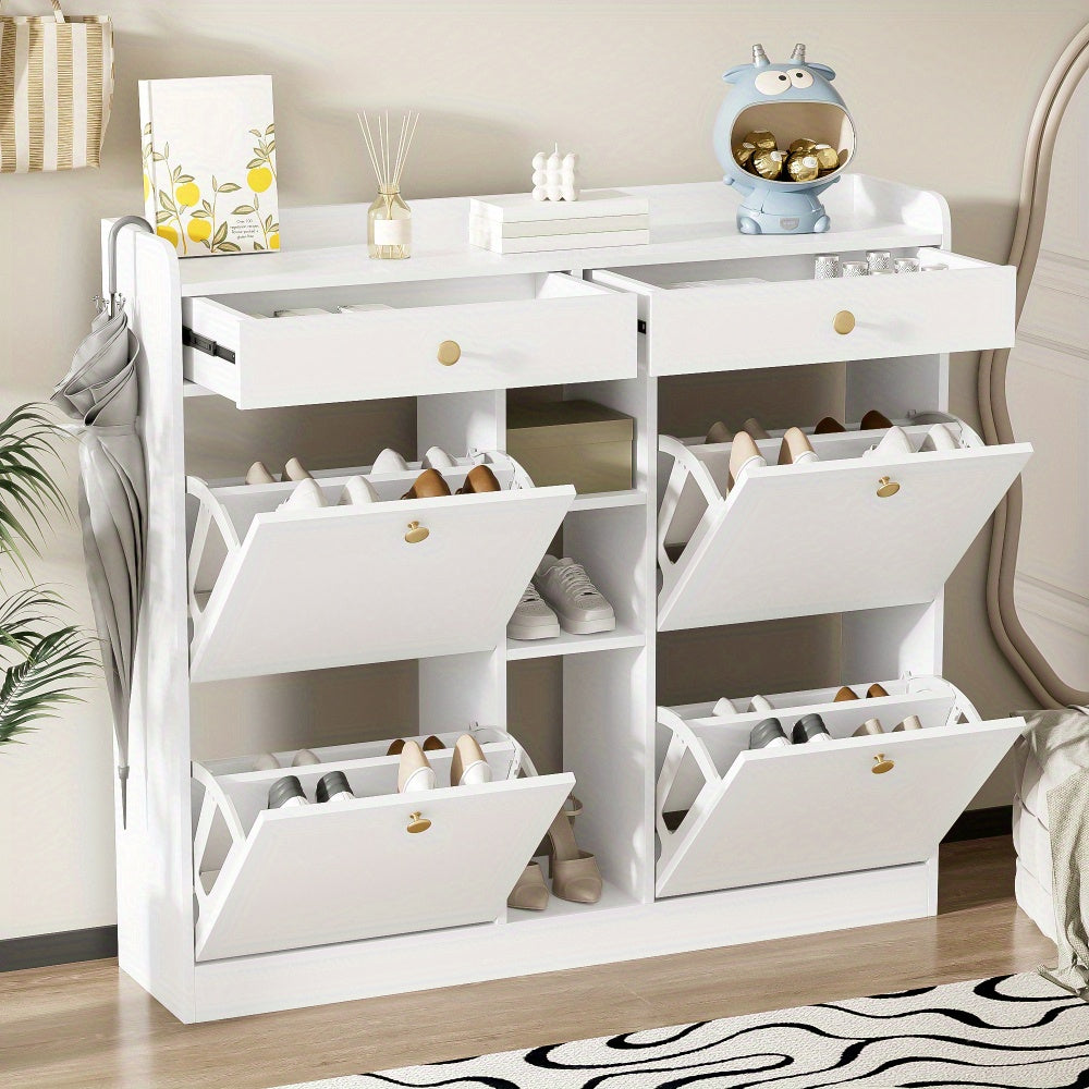 Schoenkast met 4 Openslaande Deuren & 2 Laden – 110 × 26 × 100 cm – Modern Opbergmeubel voor Hal, Woonkamer of Gang