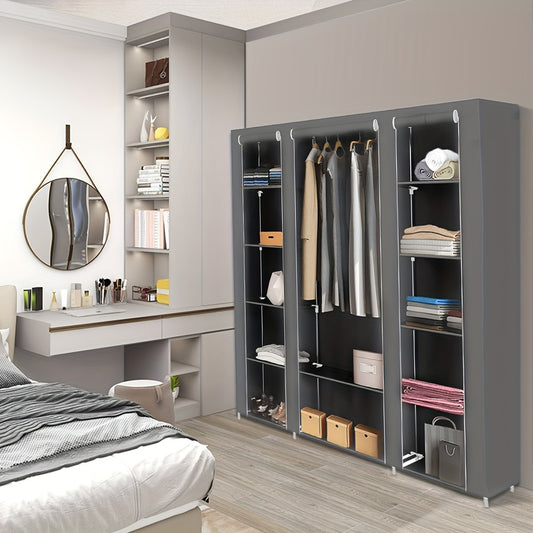 Fabric Wardrobe, Portable Bedroom Wardrobe, Space-Saving Wardrobe With 12 Open Shelves, 1 Hanging Rail, For Bedroom, Living Room 172x134x43cm Grey