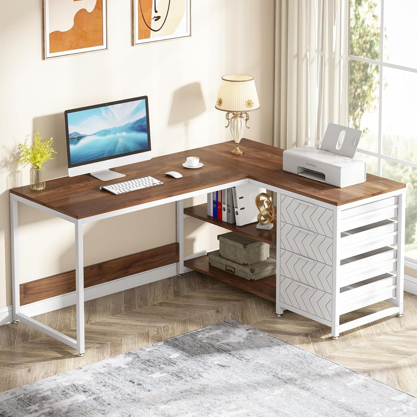 L-vormig Bureau – Hoekbureau – Computertafel – Werkplek Meubel – Bureau Met Laden – 150x110x75 cm – Notenhout & Wit – 4 Laden en 2 Planken – Omkeerbaar en Stevig
